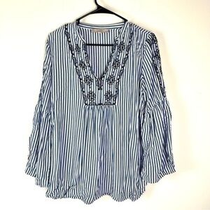 Loft Blouse Womens Blue White Striped Flounce Sleeve Notch Neck Embroidered M